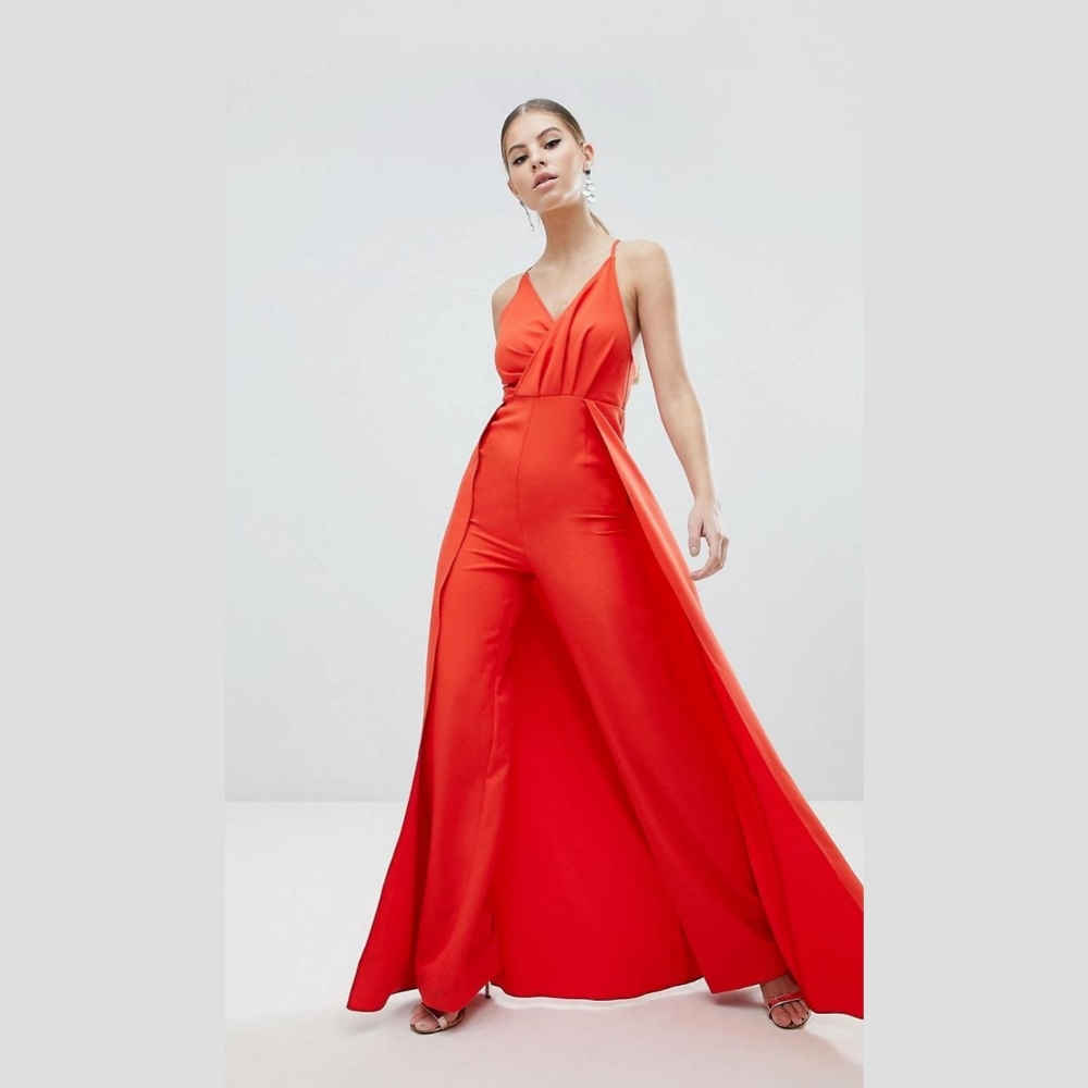 Drape bodice jumpsuit with wide leg and overlay
